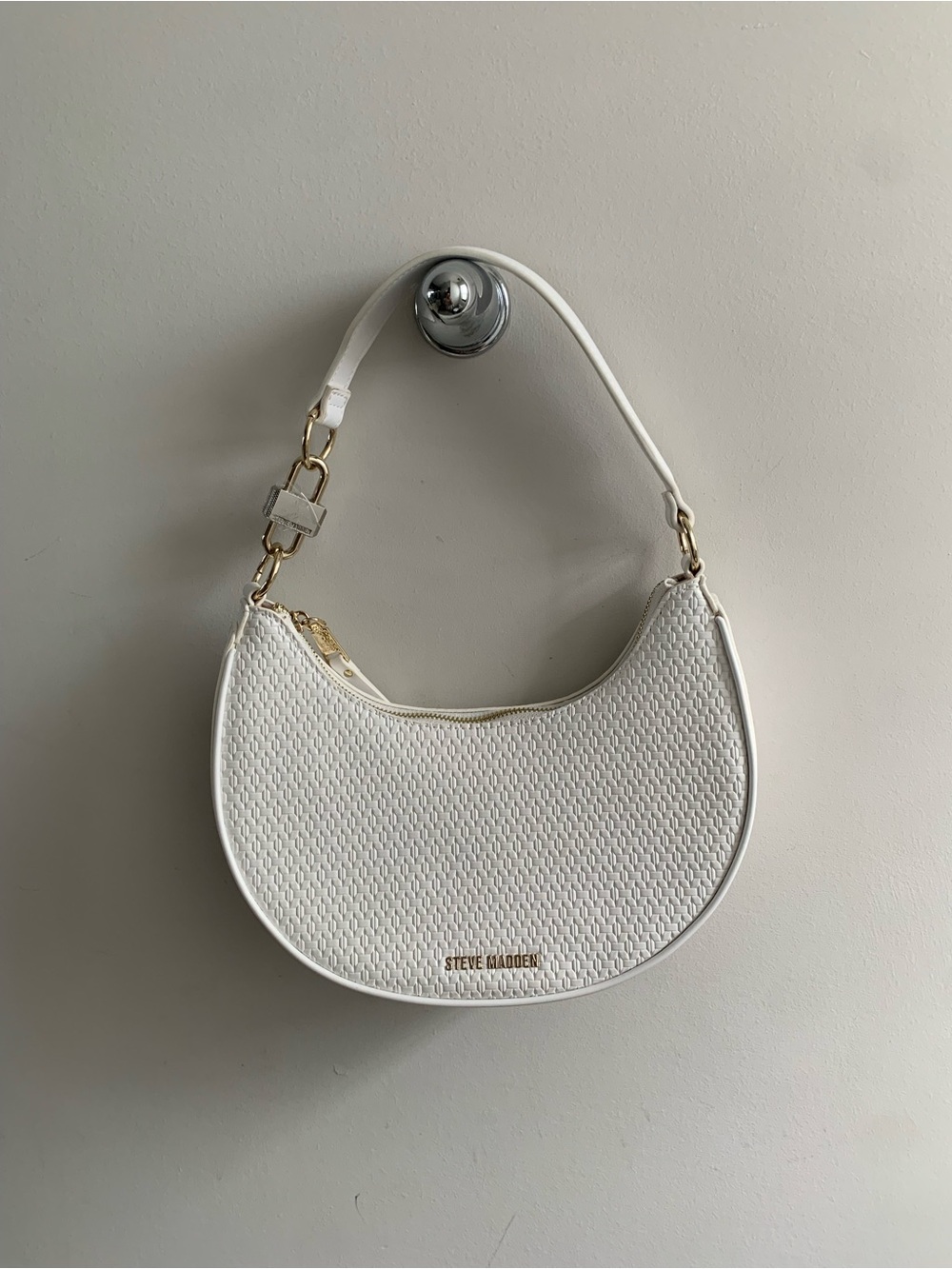 Steve Madden White Woven Crescent Shoulder Bag with Gold Hardware